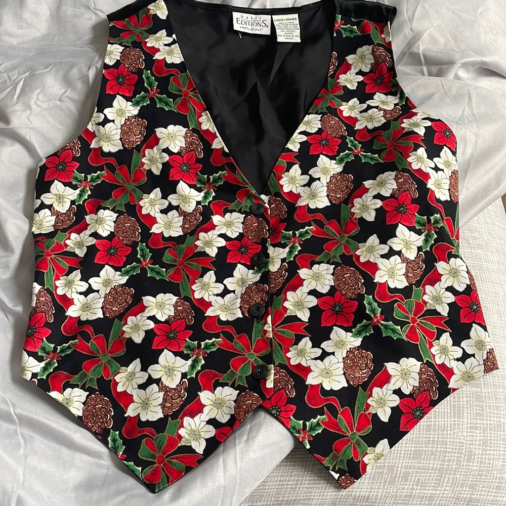 Basic Editions Holiday vest- ugly Christmas sweater- poinsettias, holly, pine